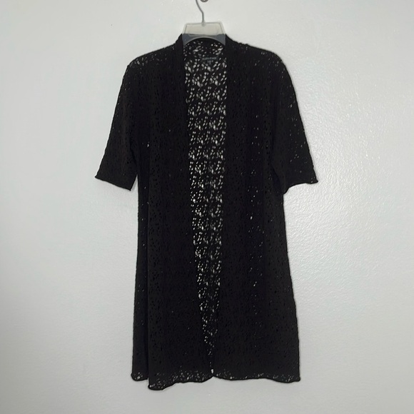 EILEEN FISHER Brown Loose Weave Long Knit Lacey Short Sleeve Open Cardigan Med - Picture 1 of 4